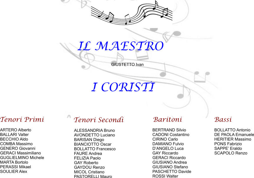 I CORISTI Tenori Primi ARTERO Alberto BALLARI Valter BECCHIO Aldo COMBA Massimo GENERO Giovanni GERACI Massimiliano GUGLIELMINO Michele MARTA Bortolo PERASSI Mikael SOULIER Alex  Tenori Secondi ALESSANDRIA Bruno AVONDETTO Luciano BARISAN Diego BIANCIOTTO Oscar BOLLATTO Francesco FAURE Andrea FELIZIA Paolo GAY Roberto GAYDOU Renzo MICOL Cristiano PASTORELLI Mauro Baritoni BERTRAND Silvio CADONI Costantino CIRINO Carlo DAMIANO Fulvio D’ANGELO Luca GAY Riccardo GERACI Riccardo GIUSIANO Andrea GIUSIANO Stefano PASCHETTO Davide ROSSI Walter Bassi BOLLATTO Antonio DE PAOLA Emanuele HERITIER Massimo PONS Fabrizio SAPPE’ Eraldo SCAPOLO Renzo  IL MAESTRO GIUSTETTO Ivan