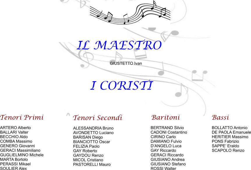 I CORISTI Tenori Primi ARTERO Alberto BALLARI Valter BECCHIO Aldo COMBA Massimo GENERO Giovanni GERACI Massimiliano GUGLIELMINO Michele MARTA Bortolo PERASSI Mikael SOULIER Alex  Tenori Secondi ALESSANDRIA Bruno AVONDETTO Luciano BARISAN Diego BIANCIOTTO Oscar FELIZIA Paolo GAY Roberto GAYDOU Renzo MICOL Cristiano PASTORELLI Mauro Baritoni BERTRAND Silvio CADONI Costantino CIRINO Carlo DAMIANO Fulvio D’ANGELO Luca GAY Riccardo GERACI Riccardo GIUSIANO Andrea GIUSIANO Stefano ROSSI Walter Bassi BOLLATTO Antonio DE PAOLA Emanuele HERITIER Massimo PONS Fabrizio SAPPE’ Eraldo SCAPOLO Renzo  IL MAESTRO GIUSTETTO Ivan