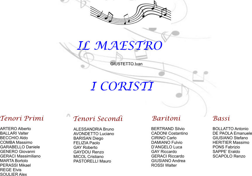 I CORISTI Tenori Primi ARTERO Alberto BALLARI Valter BECCHIO Aldo COMBA Massimo GARABELLO Daniele GENERO Giovanni GERACI Massimiliano MARTA Bortolo PERASSI Mikael REGE Elvis SOULIER Alex  Tenori Secondi ALESSANDRIA Bruno AVONDETTO Luciano BARISAN Diego FELIZIA Paolo GAY Roberto GAYDOU Renzo MICOL Cristiano PASTORELLI Mauro Baritoni BERTRAND Silvio CADONI Costantino CIRINO Carlo DAMIANO Fulvio D’ANGELO Luca GAY Riccardo GERACI Riccardo GIUSIANO Andrea ROSSI Walter Bassi BOLLATTO Antonio DE PAOLA Emanuele GIUSIANO Stefano HERITIER Massimo PONS Fabrizio SAPPE’ Eraldo SCAPOLO Renzo  IL MAESTRO GIUSTETTO Ivan